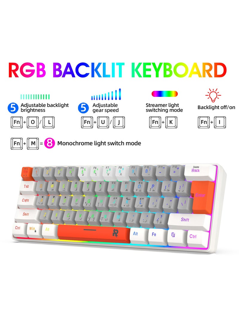 ROCK POW 60% Wired Gaming Keyboard,Arabic English 61Key RGB Backlit Membrane Gaming Keyboard, Ultra-Compact Mini Waterproof Keyboard for PC Computer Gamer White Grey Orange - Image 2